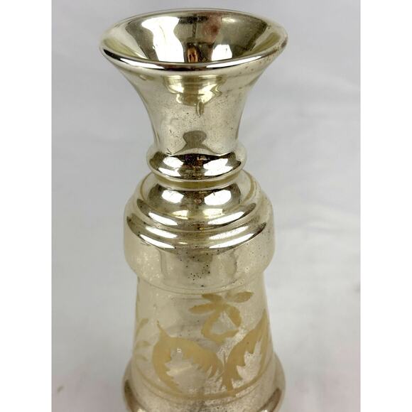 Antique Victorian Silver Hand Blown Mercury Glass Vase Floral Design 9" Tall - Picture 8 of 16